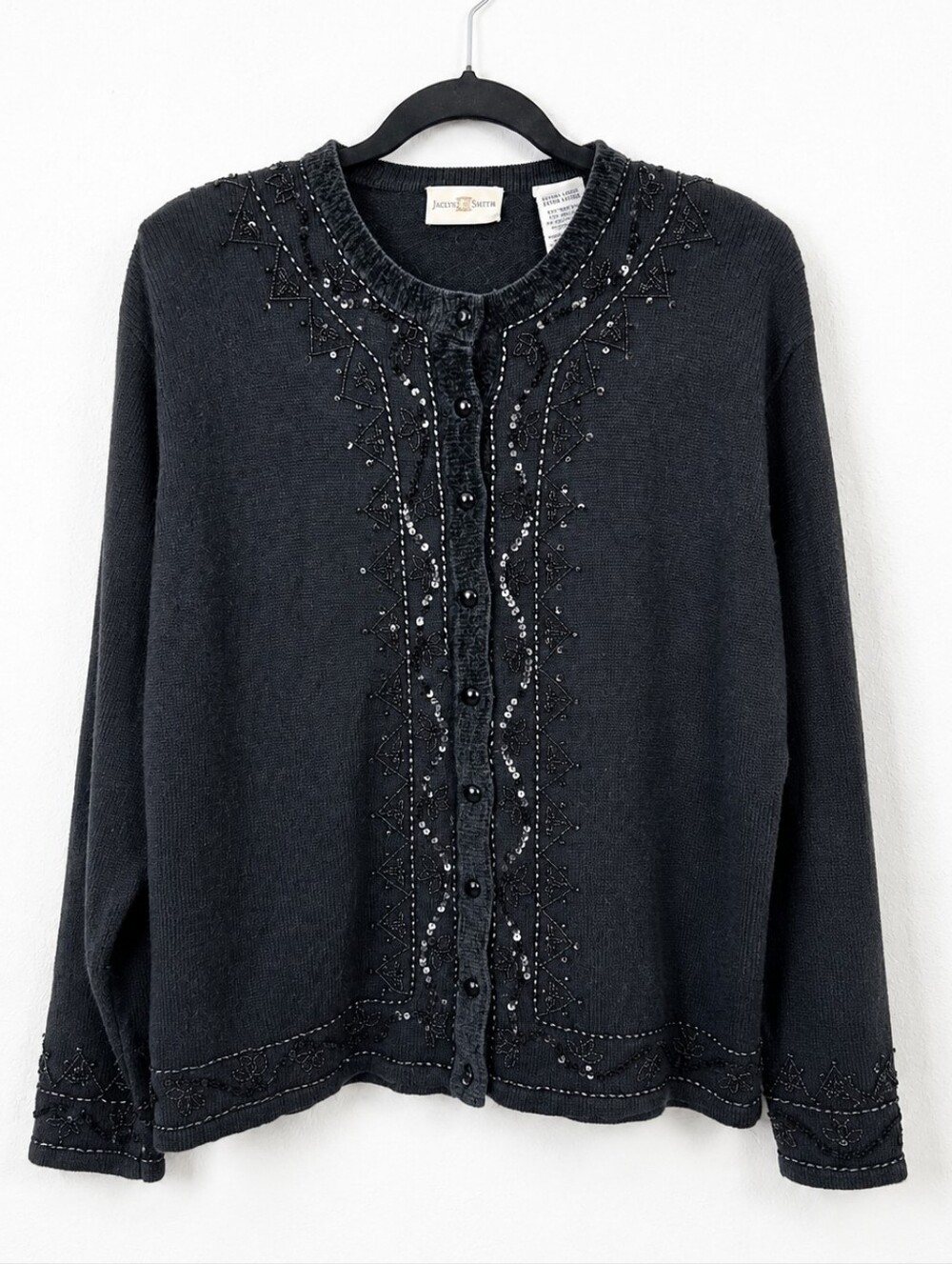 Vintage Jaclyn Smith Beaded Sequin Ramie Wool Cardigan Sweater XL Black Glam